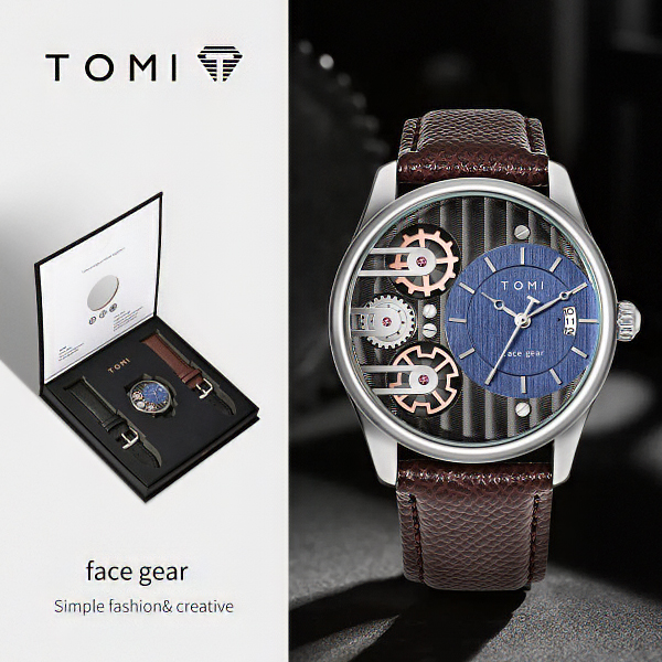 TOMI T-106-4 Face Gear Waterproof Dual Strap Leather Belt Watch (silver shell coffee belt)