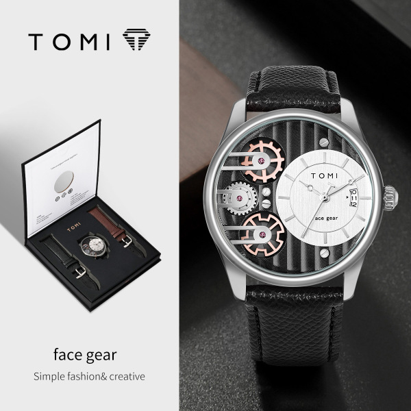TOMI T-106-3 Face Gear Waterproof Dual Strap Leather Belt Watch (silver shell black belt)