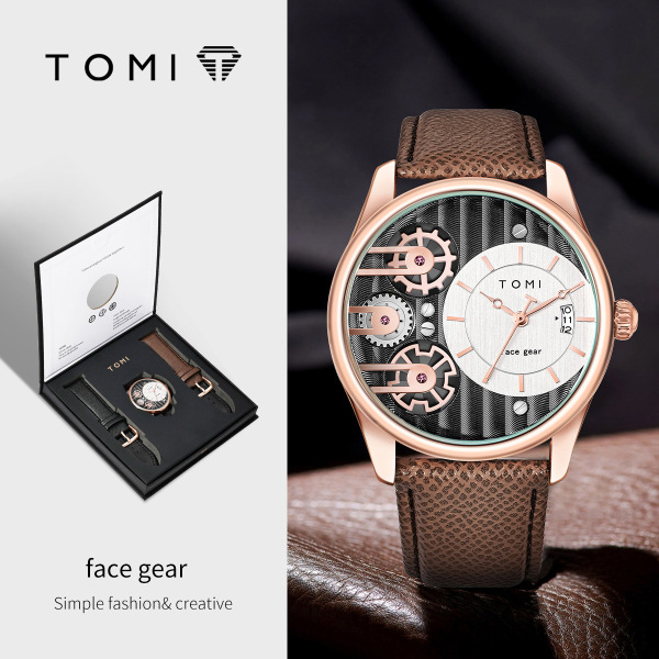 TOMI T-106-6 Face Gear Waterproof Dual Strap Leather Belt Watch (gold shell coffee belt)